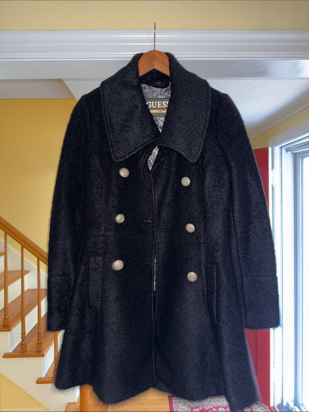 GUESS Black Double-Breasted Pea Coat with Silver Buttons